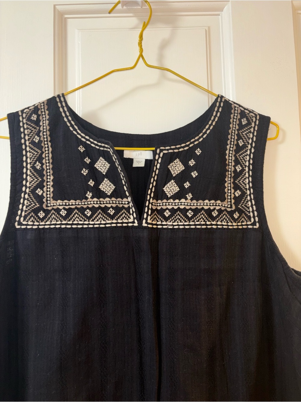 J. Jill Black Sleeveless Shift Dress with Cream Embroidered Yoke & Hem